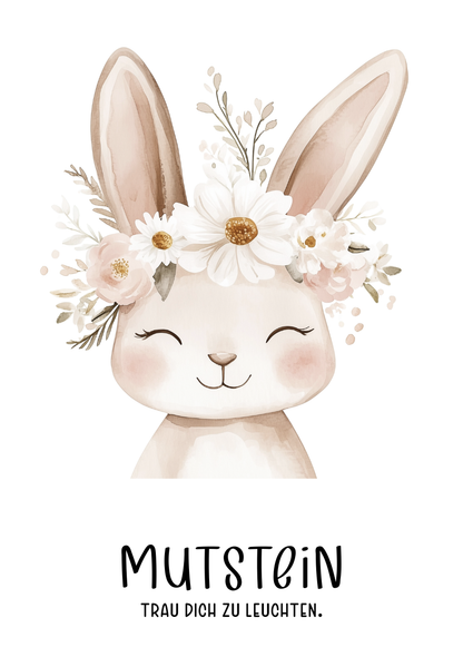 Mutstein Hase mit Blumenkranz
