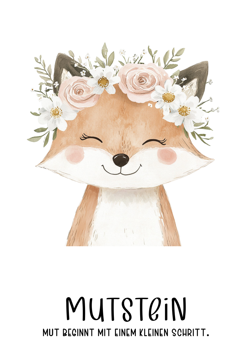 Mutstein Fuchs mit Blumenkranz