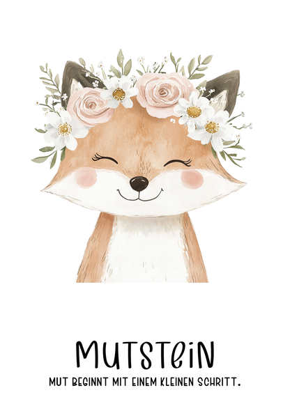 Mutstein Fuchs mit Blumenkranz
